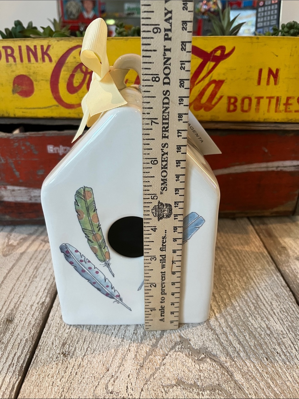 NWT - Rae Dunn Ceramic Birdhouse with Colorful Feather Motif from 2018 - Picture 7 of 8